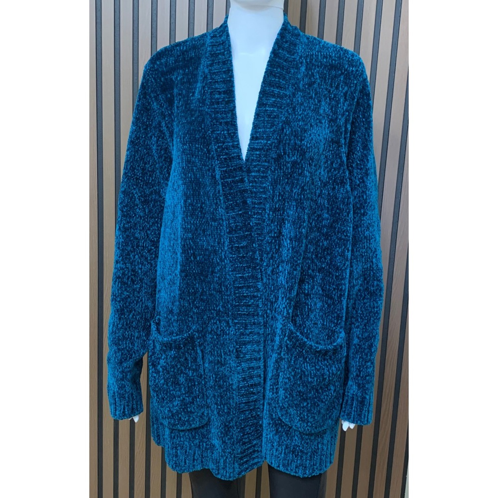 Coldwater Creek Teal Blue Chenille Open Front Cardigan Sweater Pockets 2X